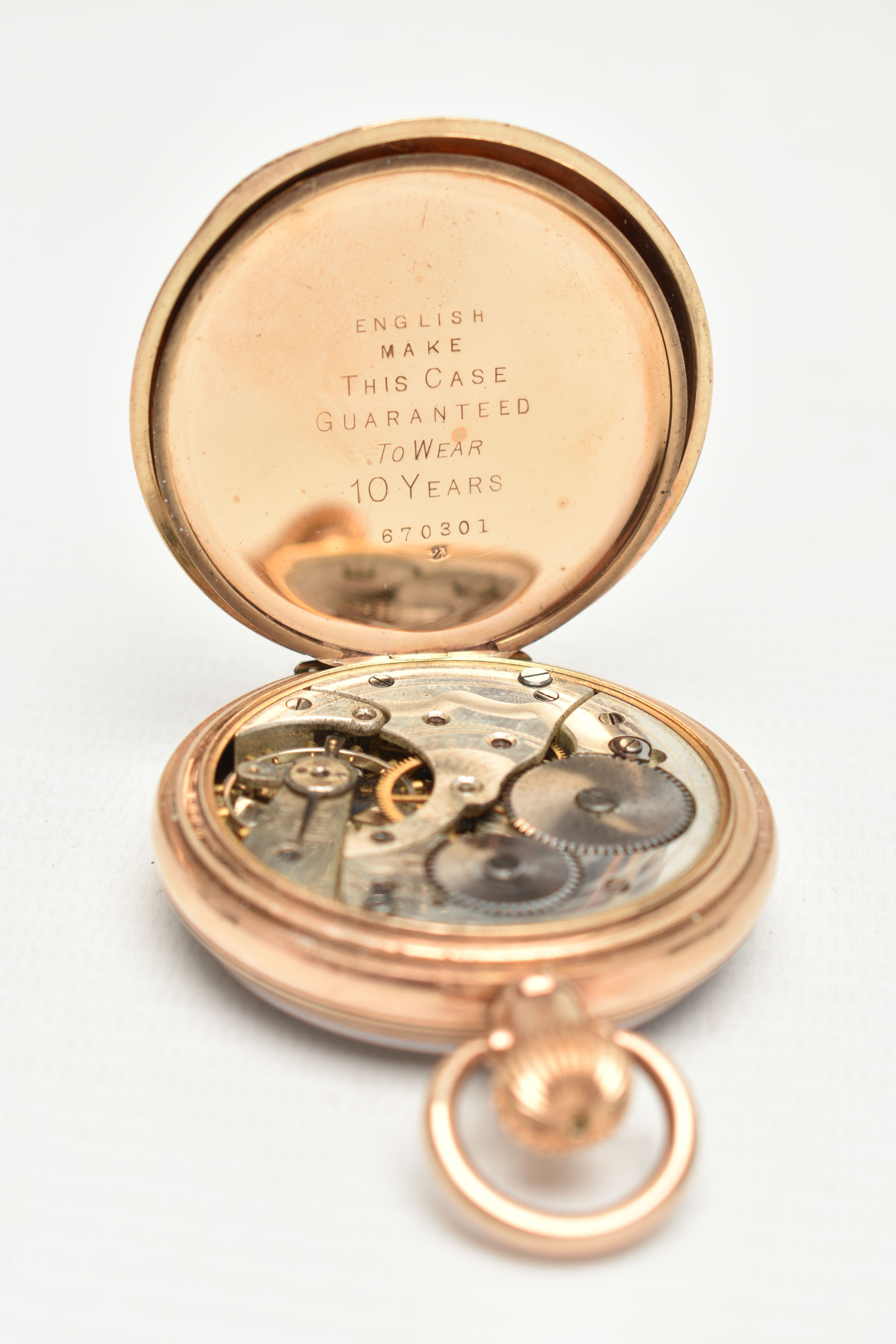 A ROLLED GOLD OPEN FACE POCKET WATCH, manual wind, round white dial, Arabic numerals, subsidiary - Image 5 of 6