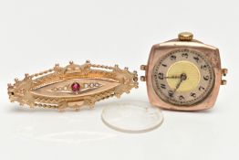 A 9CT GOLD SWEETHEART BROOCH AND A WATCH HEAD, the brooch of an elongated oval form, set with a
