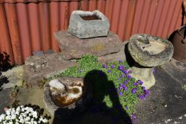 VARIOUS GARDEN ORNAMENTS including two sandstone blocks, a sandstone water feeder, a composite