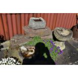 VARIOUS GARDEN ORNAMENTS including two sandstone blocks, a sandstone water feeder, a composite