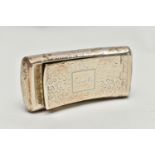 A GEORGE III SILVER SNUFF BOX OF BOWED RECTANGULAR FORM, the hinged lid with cartouche engraved '