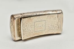 A GEORGE III SILVER SNUFF BOX OF BOWED RECTANGULAR FORM, the hinged lid with cartouche engraved '