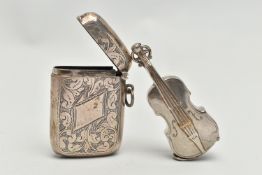 A SILVER PLATED NOVELTY VESTA CASE IN THE FORM OF A VIOLIN AND A GEORGE V SILVER RECTANGULAR VESTA
