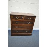 AN EDWARDIAN MAHOGANY CHEST OF DRAWERS, with a two short over three long graduating drawers, with