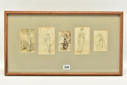 CIRCLE OF GEORGE CHINNERY (1744-1852) FIVE SMALL SKETCHES DEPICTING FEMALE FIGURES, four unsigned