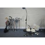 A SELECTION OF LAMPS AND WALKING STICKS, comprising of five table lamps, one standing lamp, three