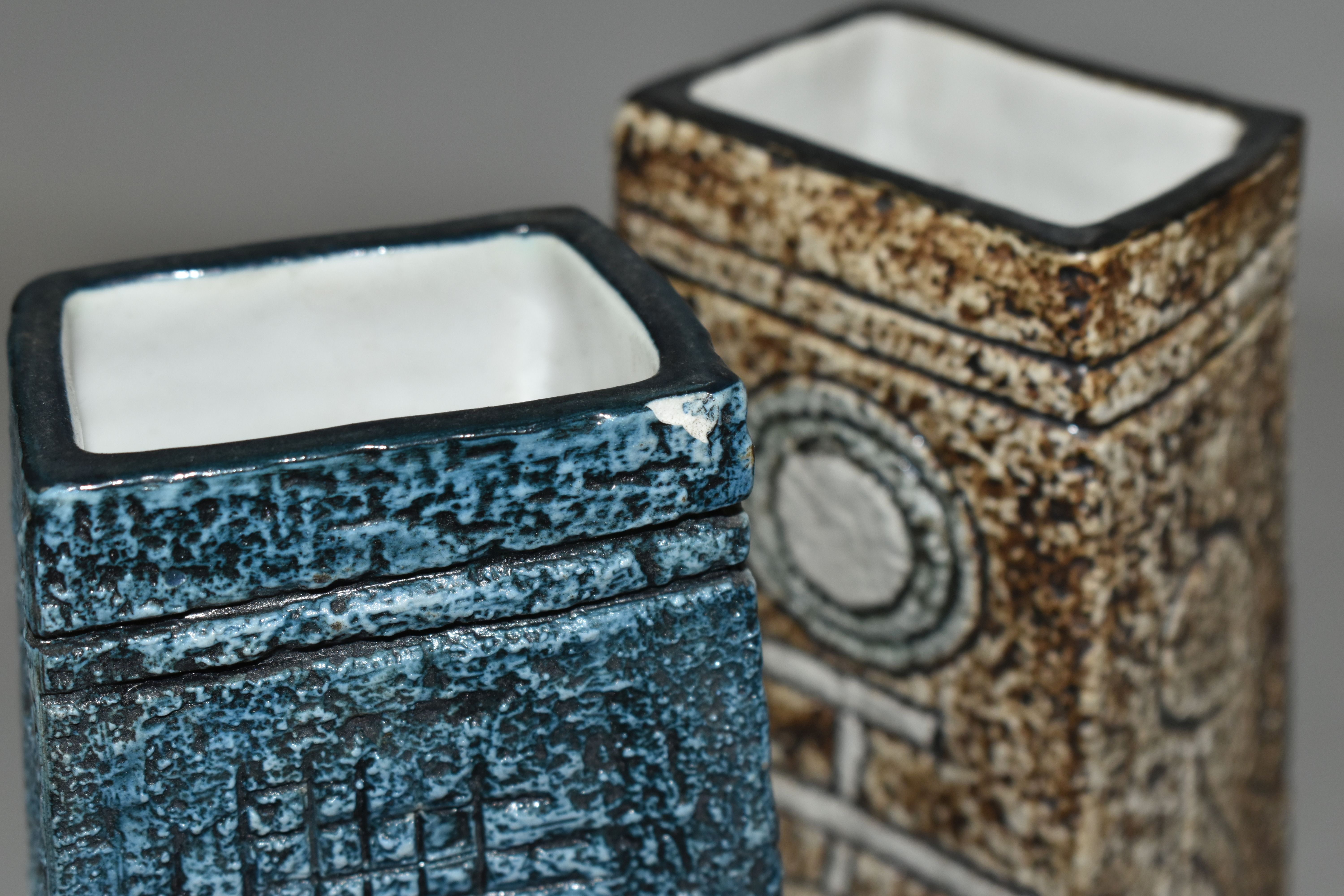 TWO TROIKA POTTERY COFFIN VASES, in shades of blue, grey and brown, with impressed and incised - Image 5 of 7