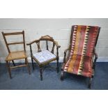 A EDWARDIAN MAHOGANY AMERICAN ROCKING CHAIR, along with an Edwardian corner and a bergère chair (