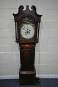 A GEORGIAN FLAME MAHOGANY 8 DAY LONGCASE CLOCK, the hood with a swan neck pediment and reeded