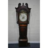 A GEORGIAN FLAME MAHOGANY 8 DAY LONGCASE CLOCK, the hood with a swan neck pediment and reeded