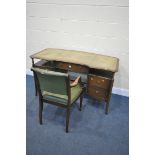 A MODERN REPRODUCTION KNEE HOLE DESK, with a green leather writing surface and five drawers, width