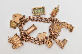 A 9CT GOLD CHARM BRACELET, a 9ct rose gold curb link bracelet, fitted with a heart padlock clasp,