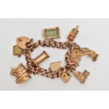 A 9CT GOLD CHARM BRACELET, a 9ct rose gold curb link bracelet, fitted with a heart padlock clasp,