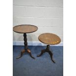 A GEORGIAN OAK DISH TOP TRIPOD TABLE, diameter 48cm x height 72cm, along with a mahogany tripod