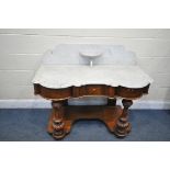 A VICTORIAN WALNUT AND MARBLE TOP DUCHESS WASHSTAND, with a single drawer, width 123cm x depth