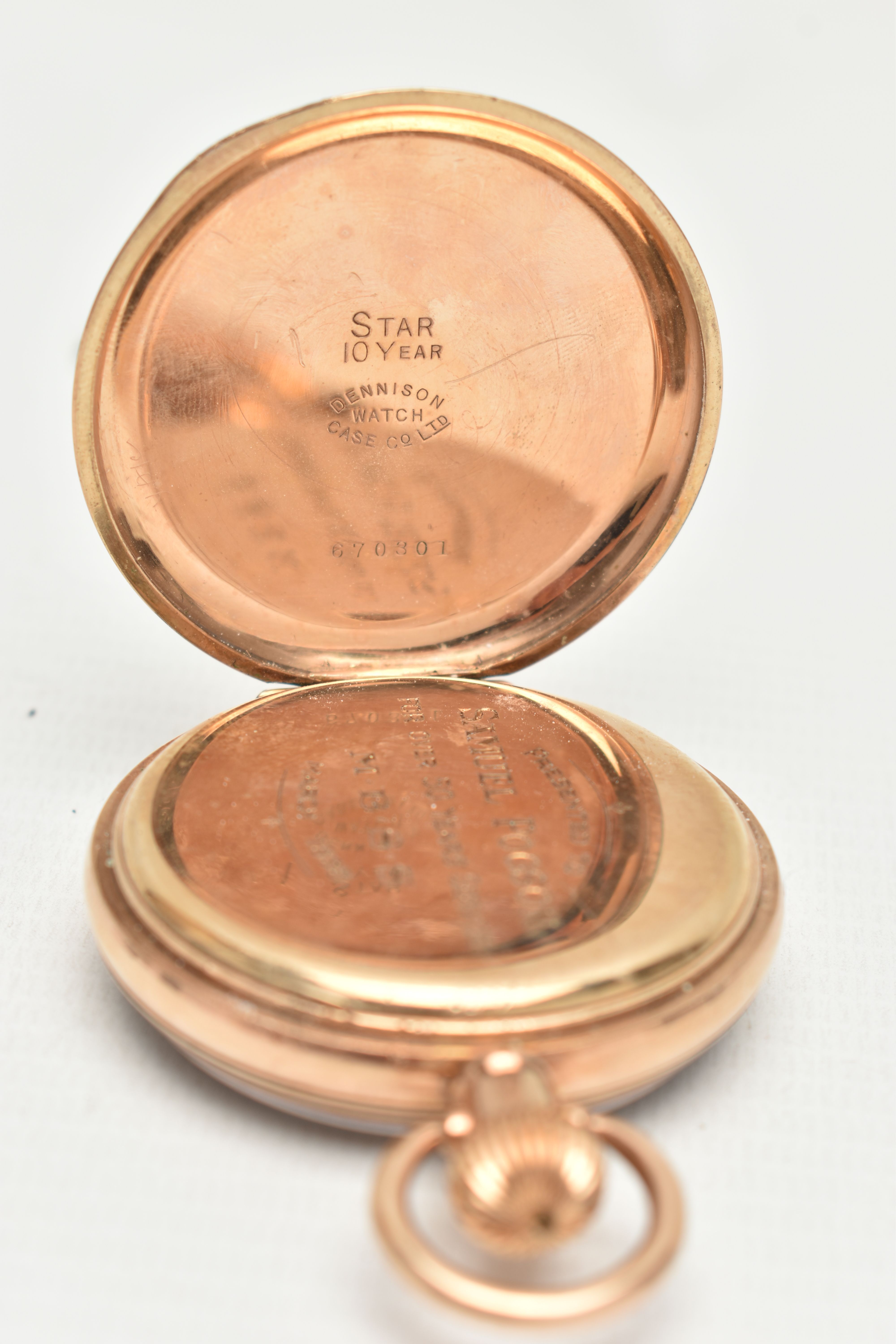 A ROLLED GOLD OPEN FACE POCKET WATCH, manual wind, round white dial, Arabic numerals, subsidiary - Image 4 of 6