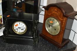 TWO EARLY 20TH CENTURY CLOCKS, comprising an inlaid oak 'Junghans' mantel clock with white Arabic