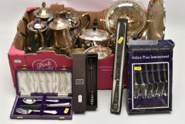 A BOX OF SILVERPLATE, STAINLESS STEEL, ETC, including a boxed silver handled cake knife, makers