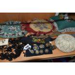 A GROUP OF BEADED AND NEEDLEWORK ITEMS, to include two small beaded tapestry cushions with beaded