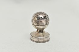 A GEORGE III SILVER COMBINATION POMANDER / PATCH BOX, the spherical top with screw off cover on a