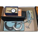 A BOX OF PRECISION MEASURING INSTRUMENTS ETC, comprising two Moore & Wright external micrometres,