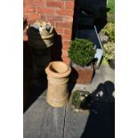 A VINTAGE TREACLE GLAZED SQUARE PLANTER width 35cm depth 35cm height 30cm along with a crown chimney