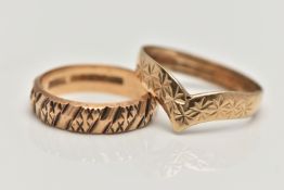 TWO 9CT GOLD RINGS, the first a yellow gold wishbone style band ring, etched pattern detail,