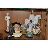 A GROUP OF CERAMICS, to include a Moorland Pottery face plaque (crazing), a Royal Crown Derby
