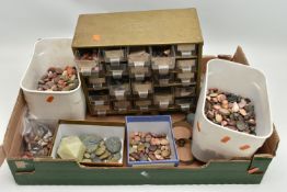 A BOX OF TUMBLE STONES AND JEWELLERY MAKING PIECES, to include two boxes filled with various