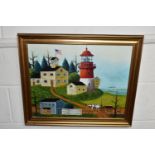 A 20TH CENTURY NAIVE AMERICAN COASTAL LANDSCAPE, depicting a lighthouse, a building flying the Stars