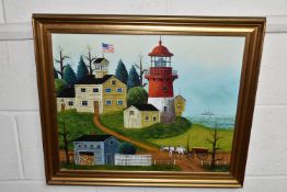A 20TH CENTURY NAIVE AMERICAN COASTAL LANDSCAPE, depicting a lighthouse, a building flying the Stars
