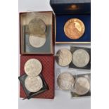 TWO SMALL BOXES OF COINS AND COMMEMORATIVES, with a 1951 Festival Crown coin