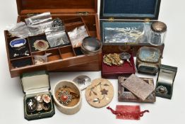 A BOX OF ASSORTED ITEMS, to include two Victorian wooden hinged jewellery boxes, a bevelled glass
