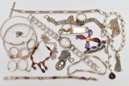 AN ASSORTMENT OF SILVER AND WHITE METAL JEWELLERY, to include a silver ladys 'Rotary' wristwatch,