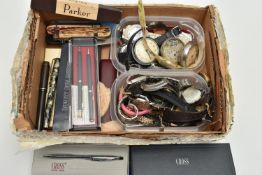 A BOX OF ASSORTED ITEMS, to include a quantity of ladys and gents watches names to include '