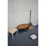 A SELECTION OF OCCASIONAL FURNITURE, to include an oval mahogany pedestal coffee table, a cream