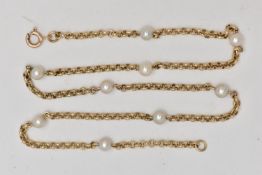 A 9CT GOLD AKOYA PEARL NECKLACE, yellow metal belcher chain interspaced with nine Akoya cultured