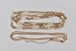 TWO YELLOW METAL CHAINS, the first a fine trace chain, fitted with a barrel clasp, stamped 9ct,