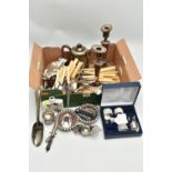 A BOX OF SILVER PLATE AND OTHER METALWARE, including a pair of Old Sheffield Plate fluted oval