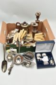 A BOX OF SILVER PLATE AND OTHER METALWARE, including a pair of Old Sheffield Plate fluted oval