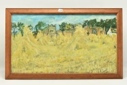 ATTRIBUTED TO FRANCIS WALKER (1930-) 'CORNSTALKS', a landscape depicting harvested corn with village