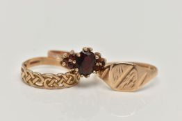 THREE 9CT GOLD RINGS, the first a garnet cluster, hallmarked 9ct London, ring size M, second a