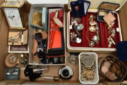 A BOX OF ASSORTED ITEMS, to include a cream jewellery box with costume jewellery such as brooches,