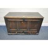 A GEORGIAN OAK PANELLED MULE CHEST, with two drawers, width 115cm x depth 54cm x height 69cm (