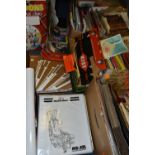 FOUR BOXES OF BOOKS AND EPHEMERA, to include a Dennis Wheatley 'The Mallinsay massacre', a