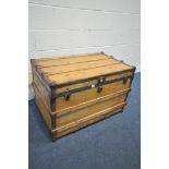 A 19TH CENTURY PINE TRAVELLING TRUNK, with metal banding, width 92cm x depth 56cm x height 62cm (