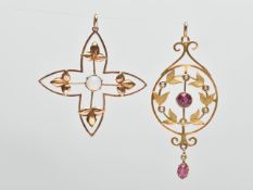 TWO YELLOW METAL LAVALIER PENDANTS, the first of an openwork Maltese form, set with a central opal