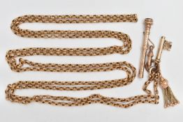 A YELLOW METAL LONGUARD CHAIN WITH WATCH KEY AND PROPELLING PENCIL, textured belcher link chain,