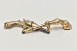 TWO YELLOW METAL NOVELTY WATCH KEYS, the first in the form of a pistol, fitted with a jump ring
