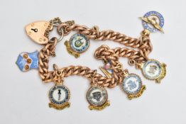 A 9CT GOLD RAF RELATED CHARM BRACELET, 9ct gold curb link bracelet, each link stamped 9.375,